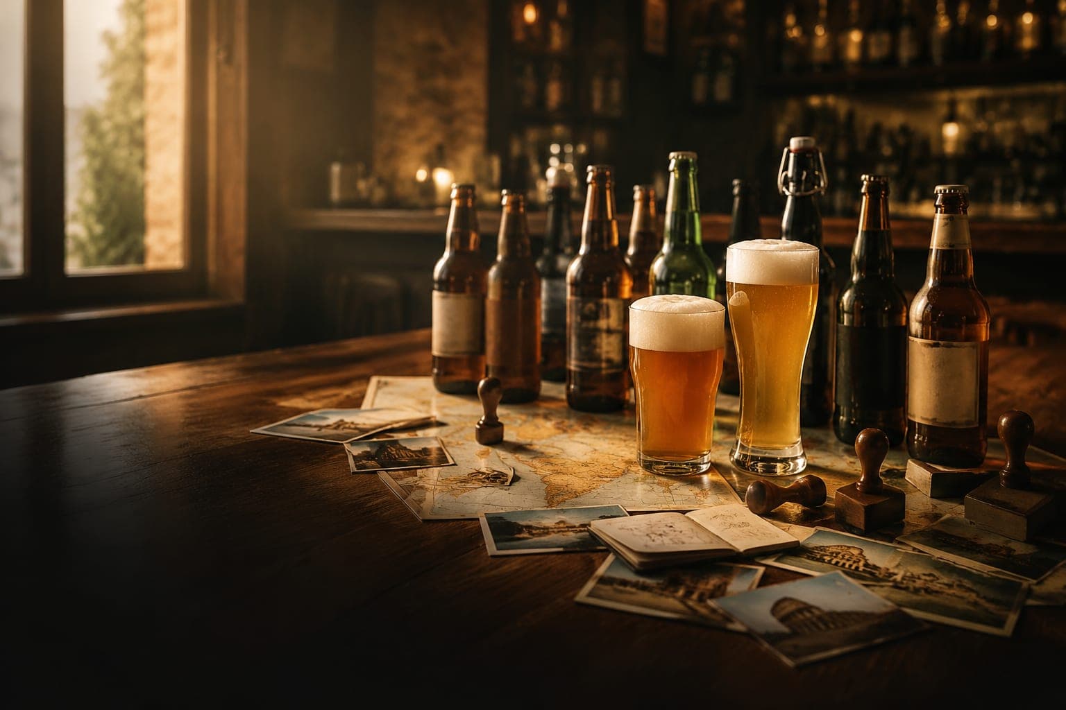 Mesa de bar con cervezas del mundo, postales y sellos de viaje